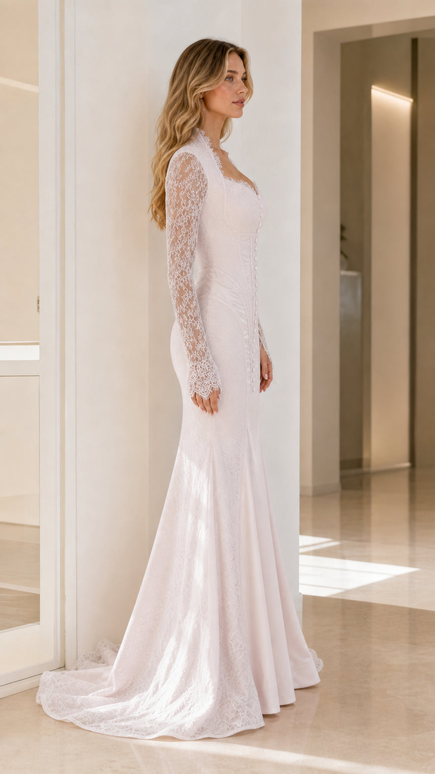 Pink formal gown side profile view