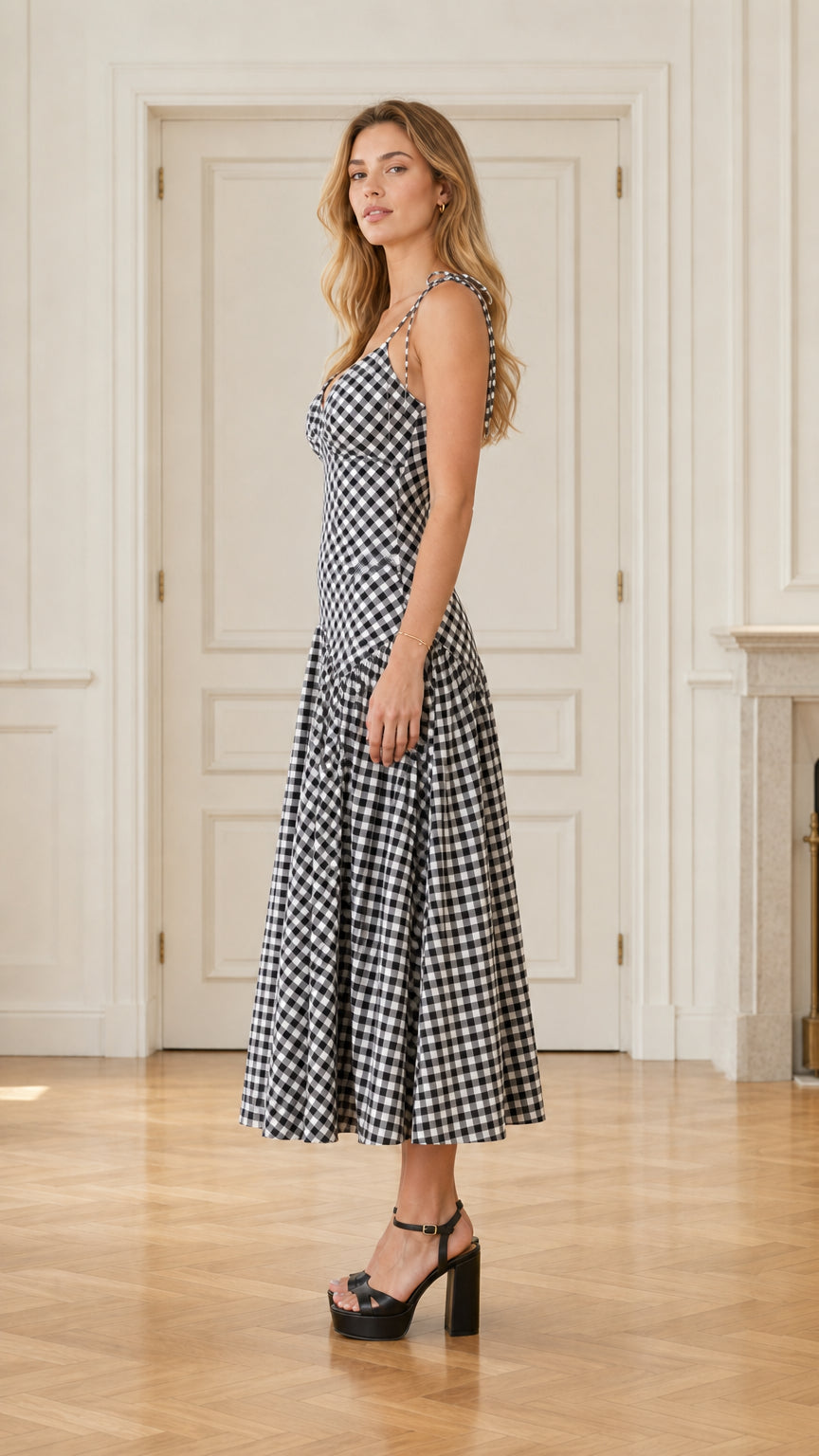 Side profile of model in black gingham midi dress