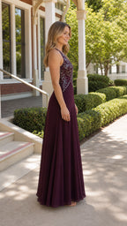 Side profile view of burgundy evening dress