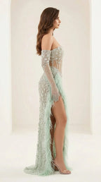 Side profile view of mint green evening dress