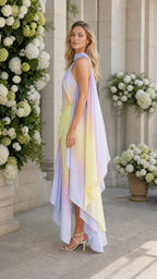 Side profile of model in multi ombre maxi dress