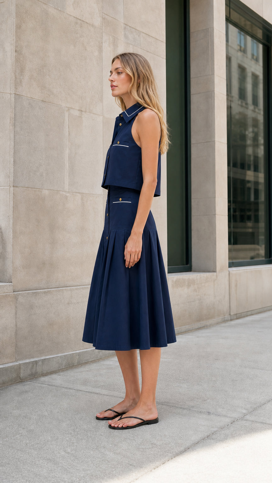 Navy two-piece collared skirt set shown from the side