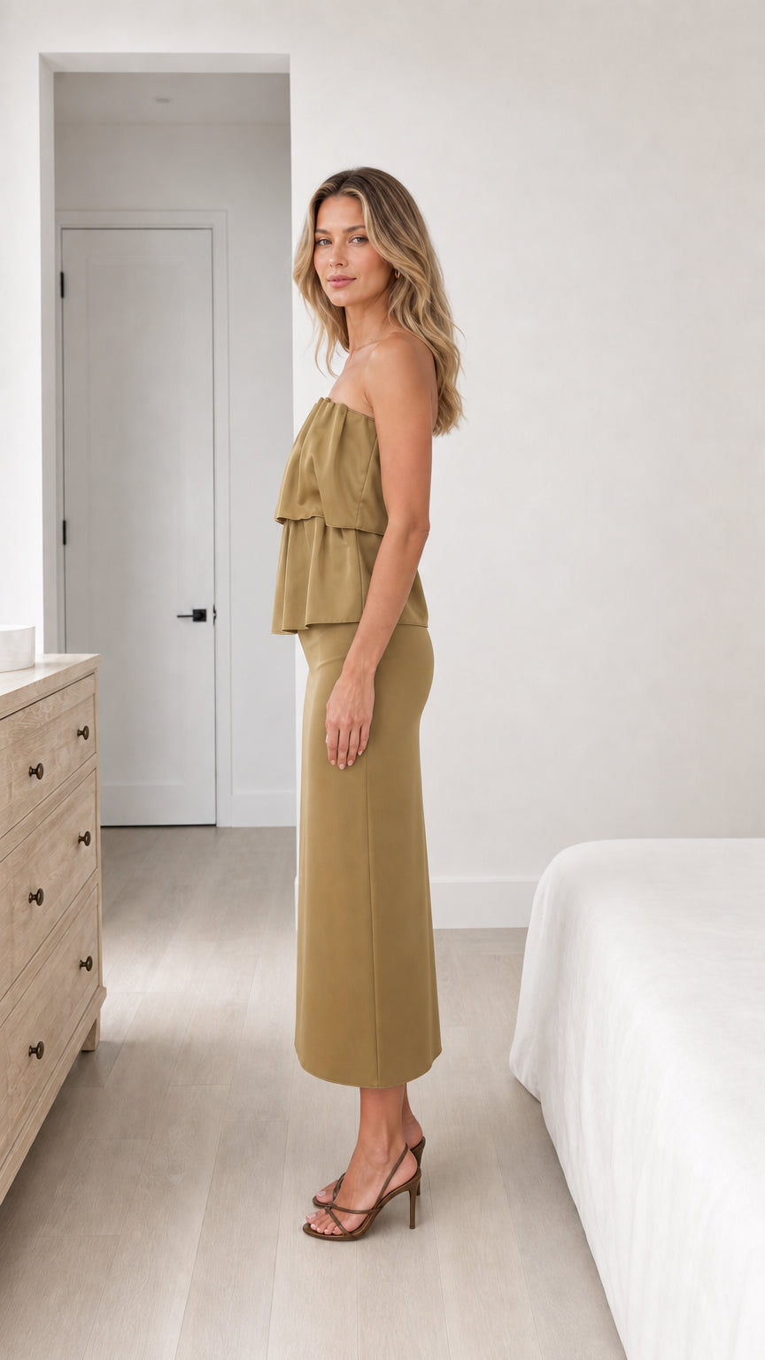Side profile of model in olive matching set