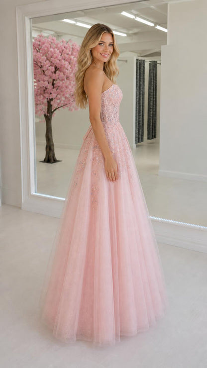 Side profile of pink ball gown showcasing silhouette