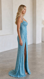 Side view of ice blue sequin floor-length gown with fitted silhouette and sweep train