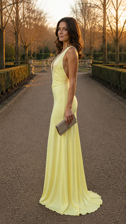 Woman wearing yellow sleeveless evening gown with open back, side view