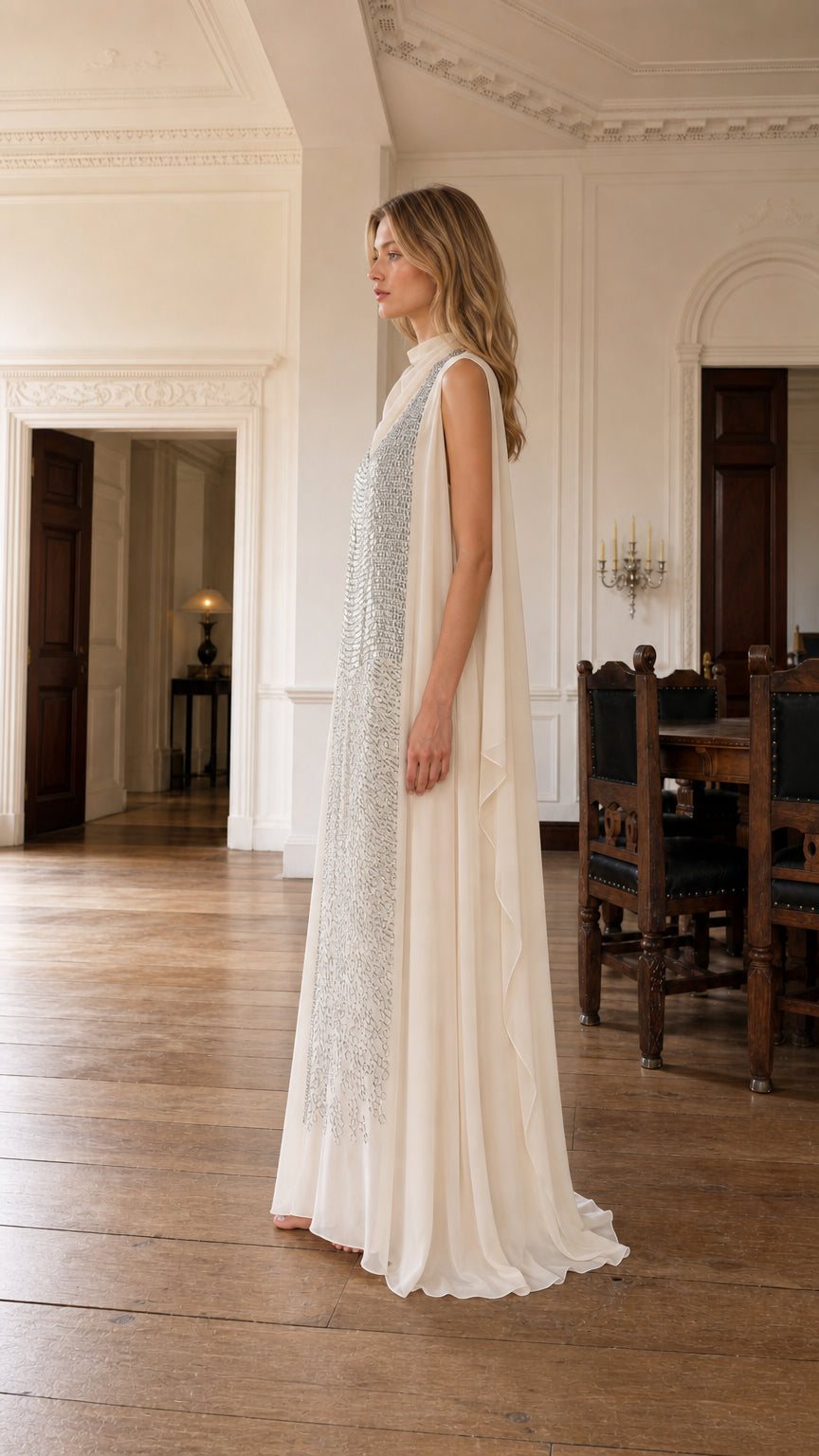 Side profile view of ivory evening dress