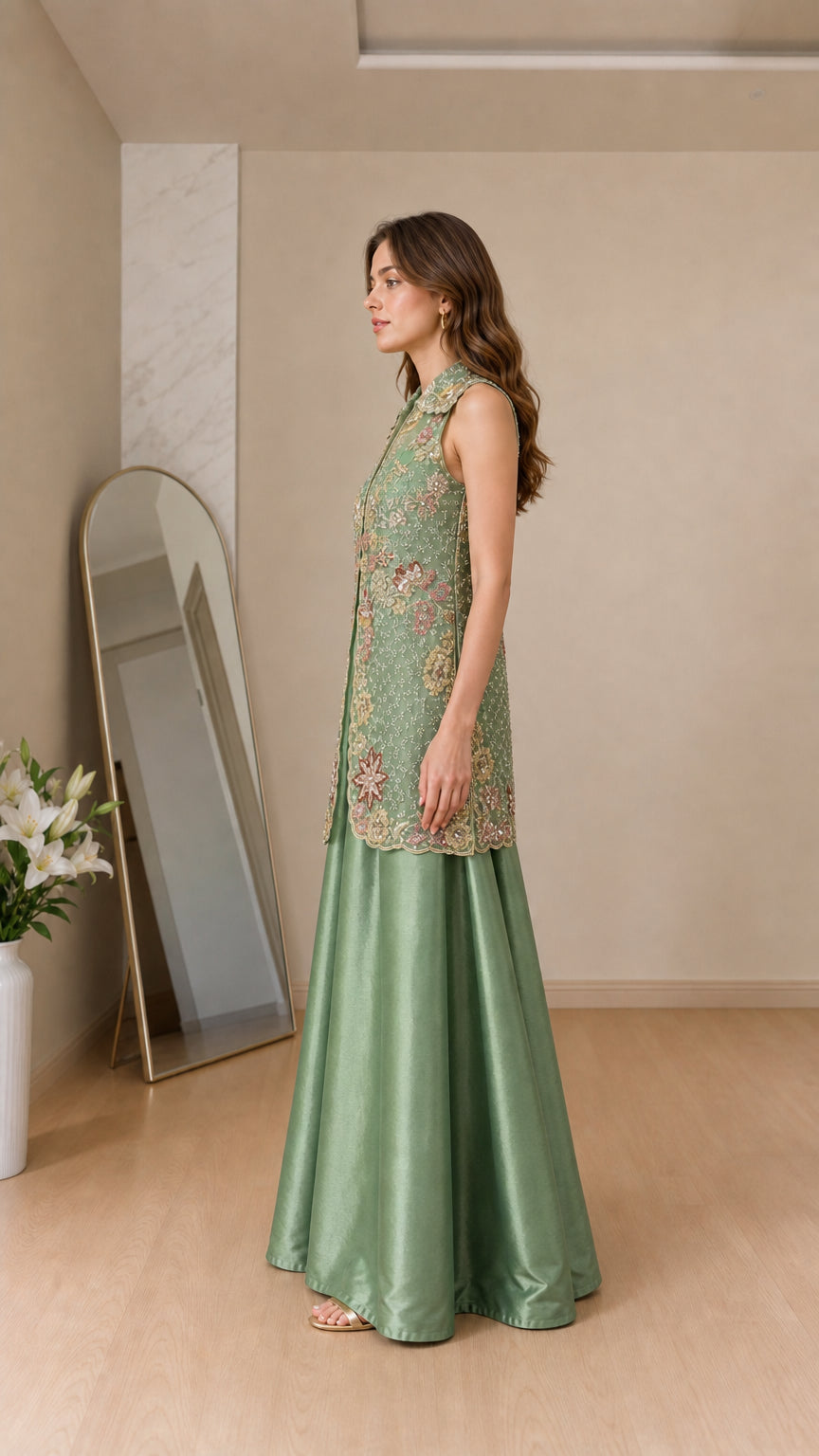 Side profile of model in sage green two-piece outfit