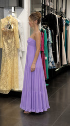 Side view of lavender tiered maxi dress