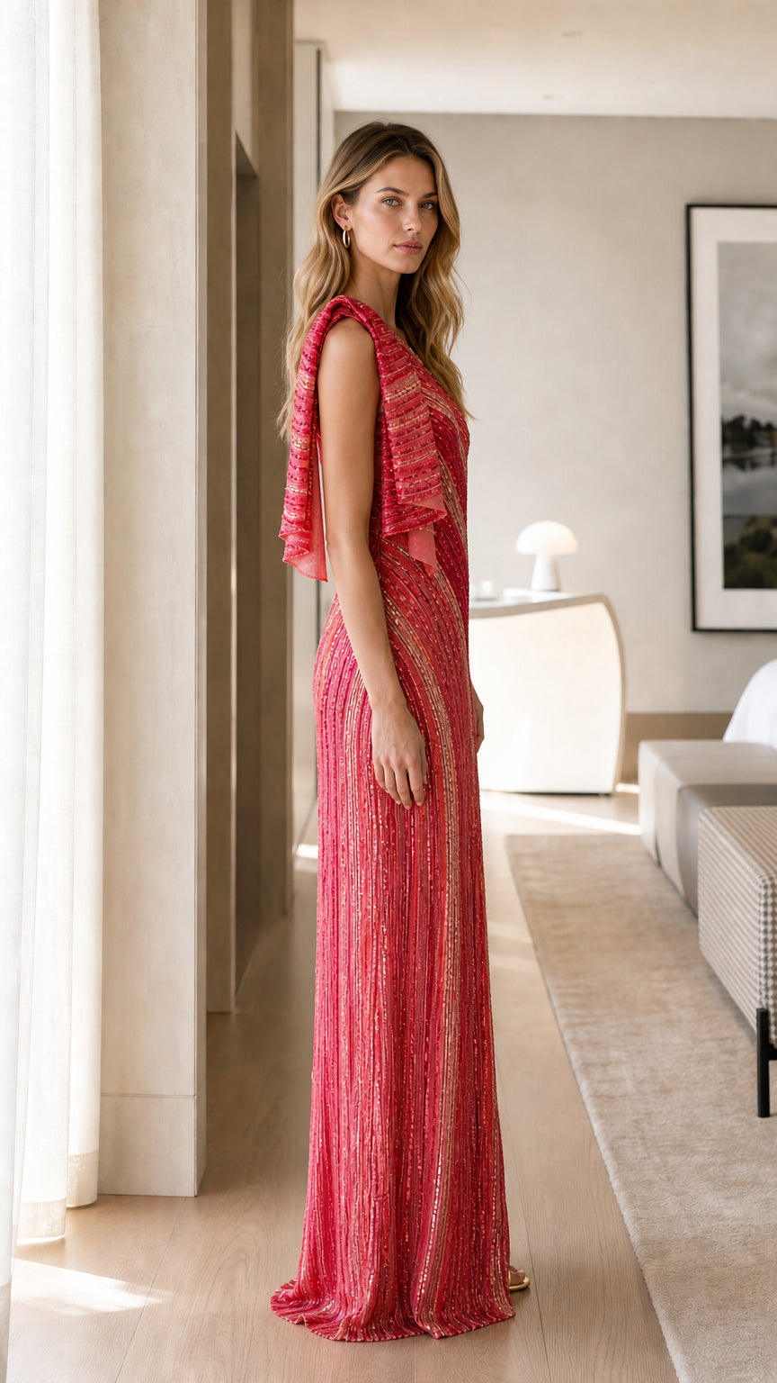 Side profile view of red sequin evening gown