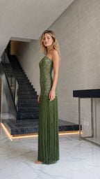 Elegance Halter Neck Lace and Fringe Maxi Dress in Olive side profile view