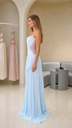 Side profile view of light blue evening gown