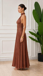 Elegance Halter Neck Pleated Maxi Dress in Brown side view