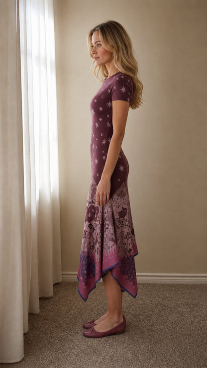 Side profile view of model in burgundy star print midi dress