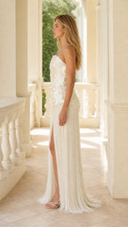 Side profile view of ivory evening gown