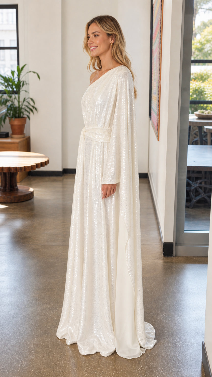 Side profile view of white sequin maxi dress with long sleeve