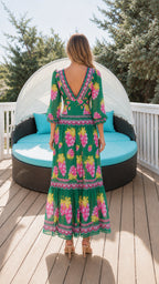 Back view of green floral maxi dress