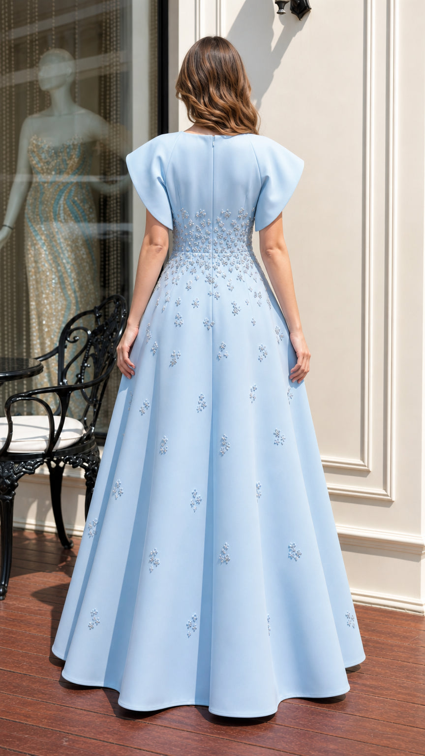 Back view of light blue formal dress