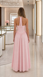 Back view of pink halter neck maxi dress
