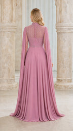 Back view of mauve evening dress showing cape detail