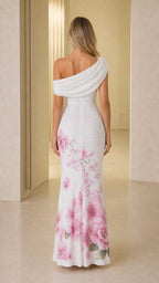 Back view of white one-shoulder floral evening dress