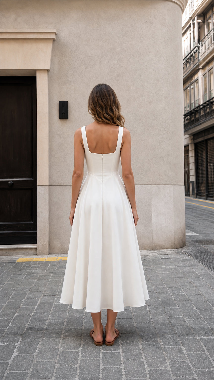 Back view of woman wearing white midi dress