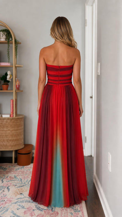Back view of the red strapless maxi dress