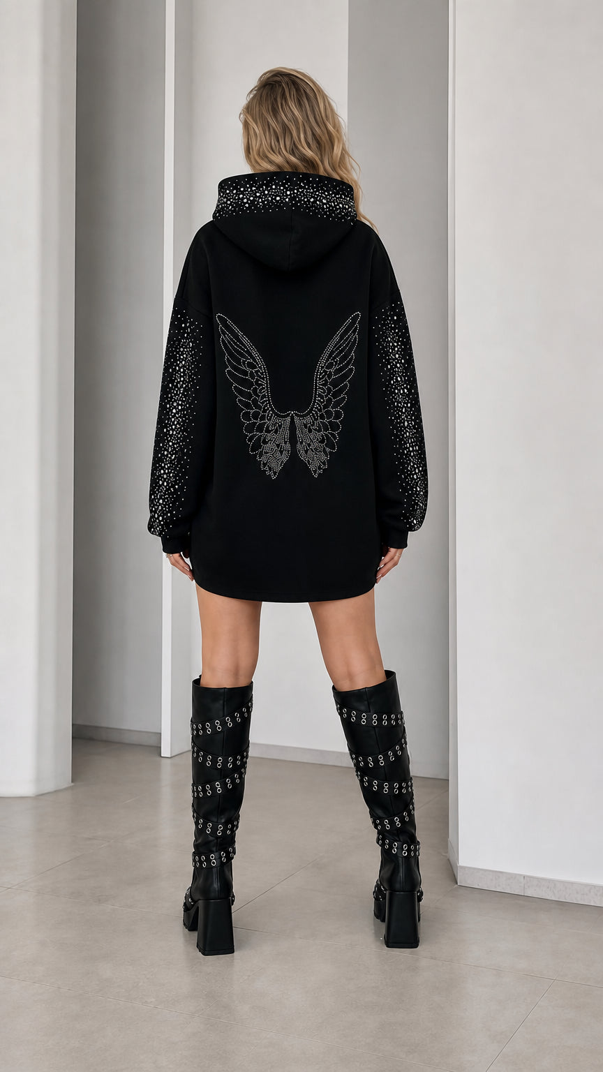 Back view showcasing rhinestone angel wing graphic on Black hoodie