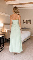 Back view of Sage Green maxi dress with spaghetti straps