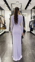 Back view of floor-length lavender maxi dress