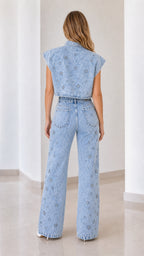 Back view of light blue rhinestone denim coordinate set