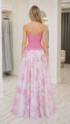 Model wearing pink strapless floral corset long dress back view