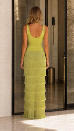 Back view of lime tiered fringe maxi dress