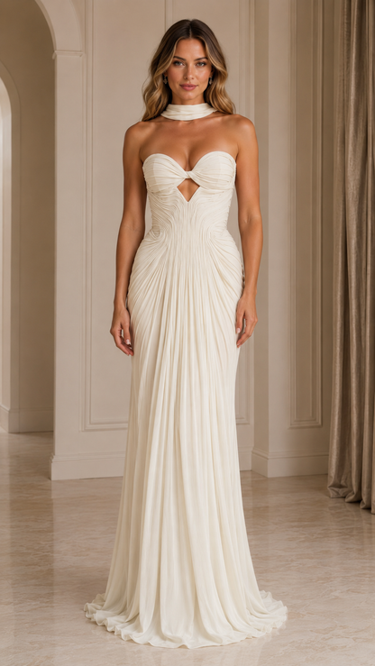 Ivory ruched strapless evening gown front view