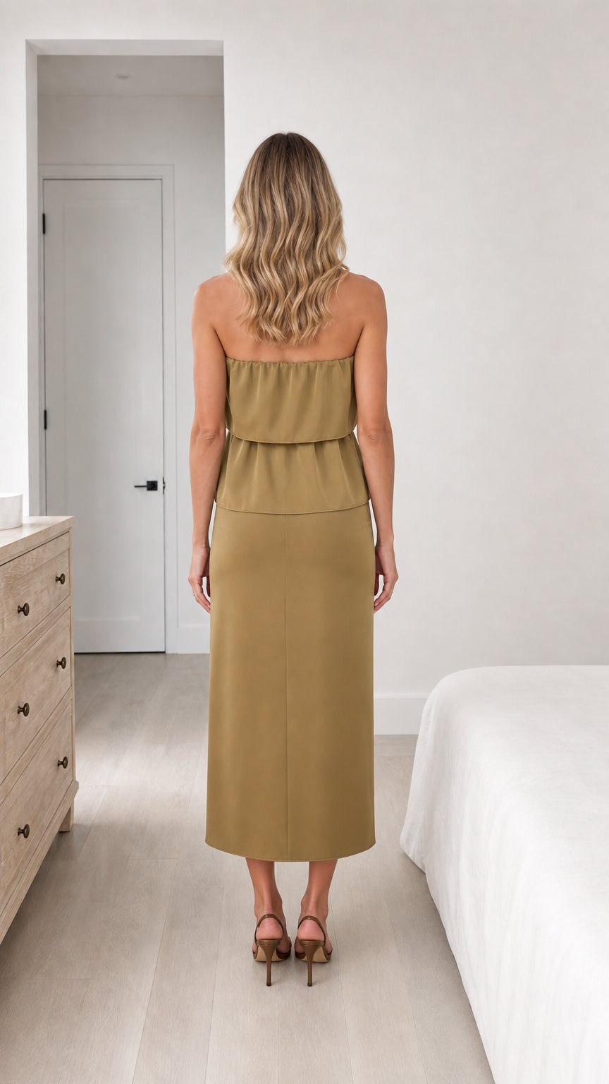 Back view of model in olive matching set