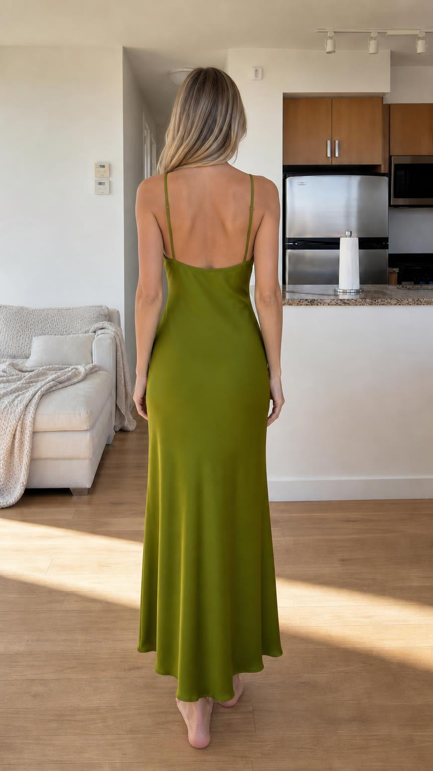 Back view of olive green satin maxi slip dress