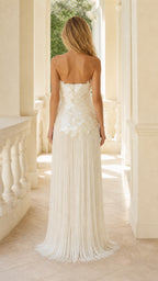 Back view of ivory fringe maxi dress