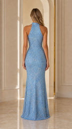 Back view of light blue halter evening dress