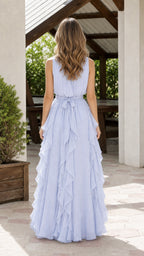 Back view showing tie detail on light blue maxi dress
