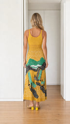 Back view of yellow landscape knit maxi dress