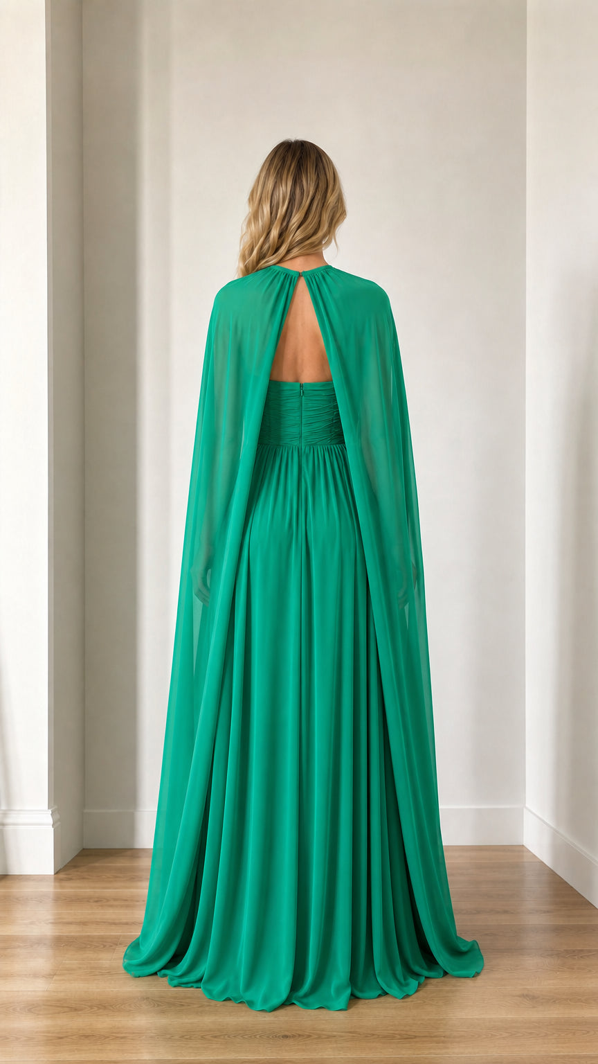 Back view of emerald green evening dress showing cape and closure