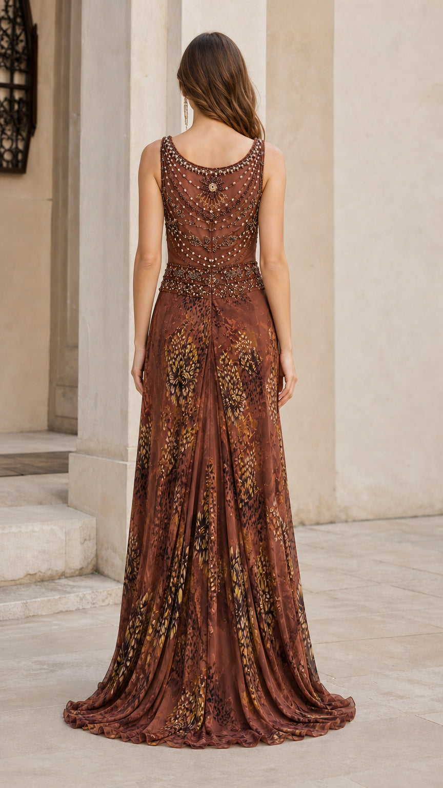 Back view of brown beaded evening dress
