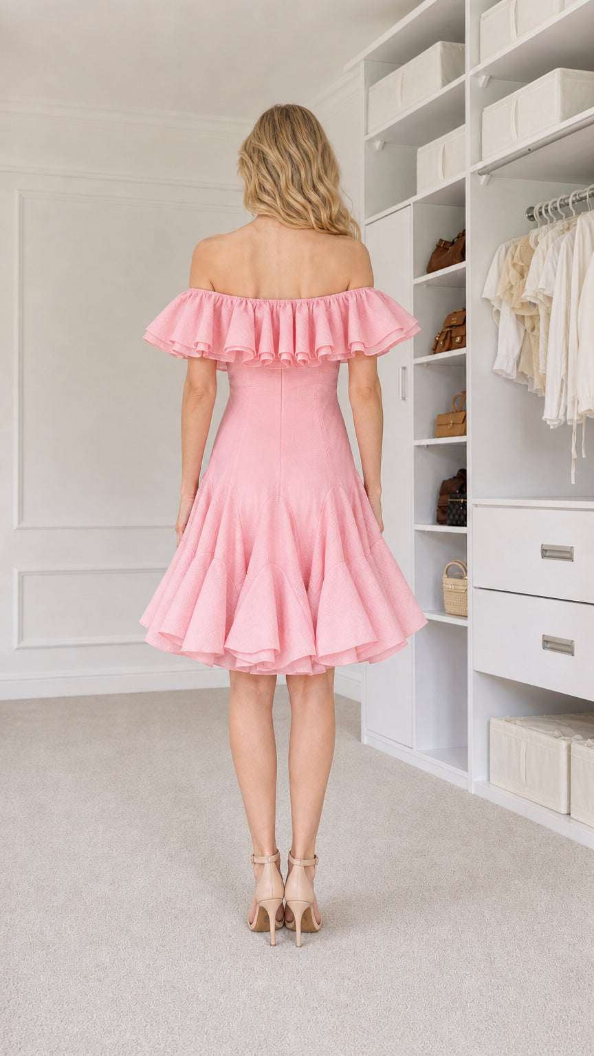 Back view of model in pink mini dress