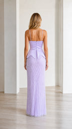 Elegance Beaded Cami Peplum Maxi Dress in Lavender back view
