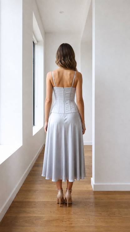 Silver satin-like corset midi dress shown from the back with slim straps and fitted bodice