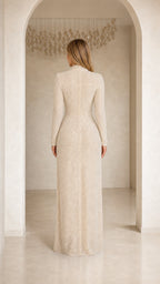 Back view of model in Champagne evening gown