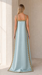 Back view showcasing cape and train of Light Blue gown