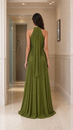 Back view of olive green maxi dress showing draped details