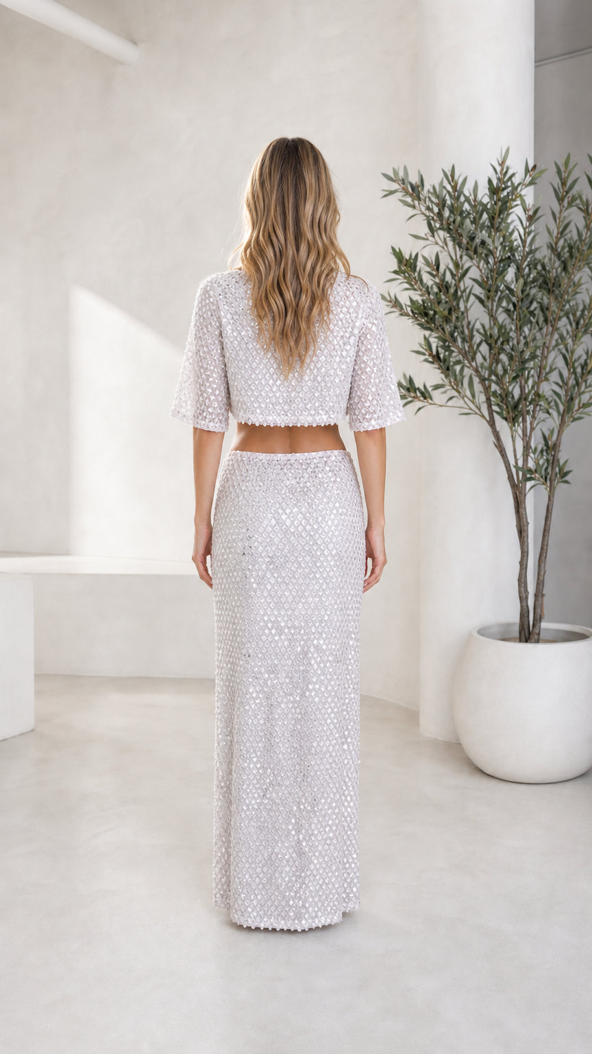 Back view of model in silver sequin crop top and maxi skirt