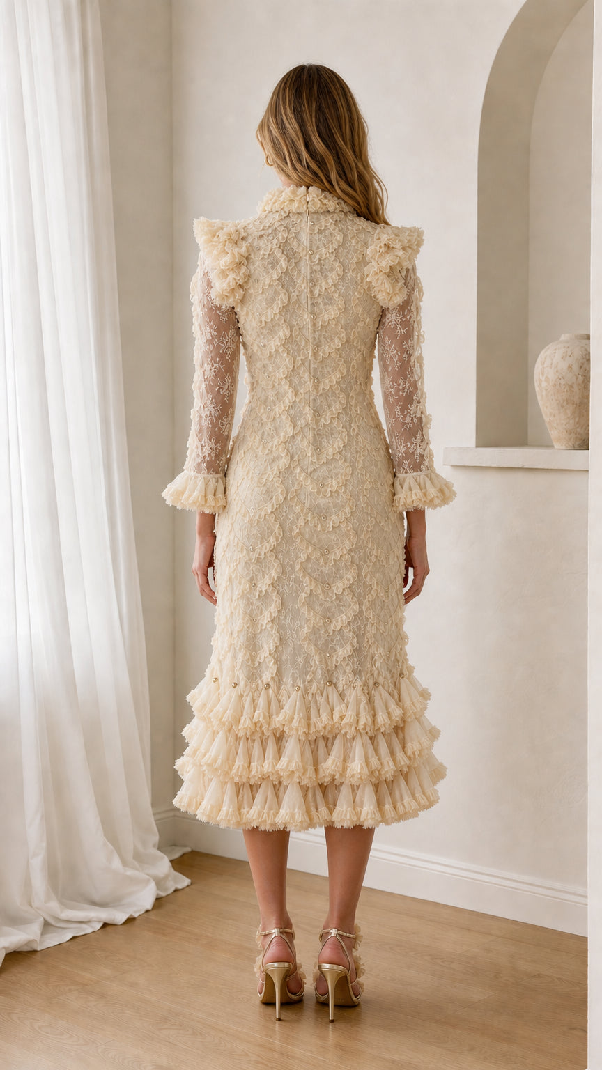 Back view of cream lace midi dress